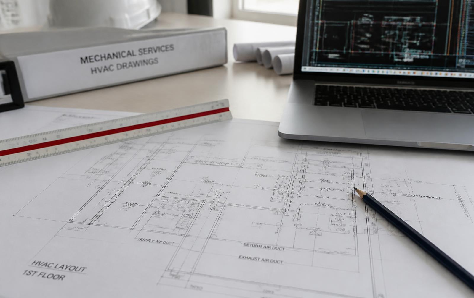 Arbeitsplatz mit Ausführungsplänen der Technischen Gebäudeausrüstung und CAD-Zeichnung